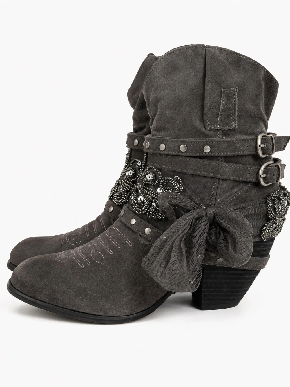 Embellished Gray Suede Women's Western Boots